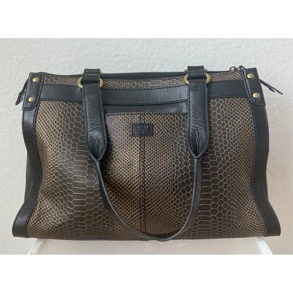 Fossil Vintage Legacy Black‎ Snake Embossed Leather Satchel Bag EUC Everyday